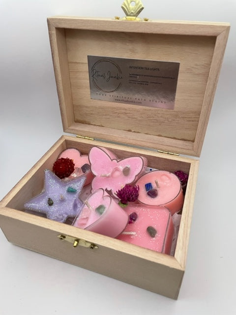 Set of Six Tea Lights with Small Wooden Box